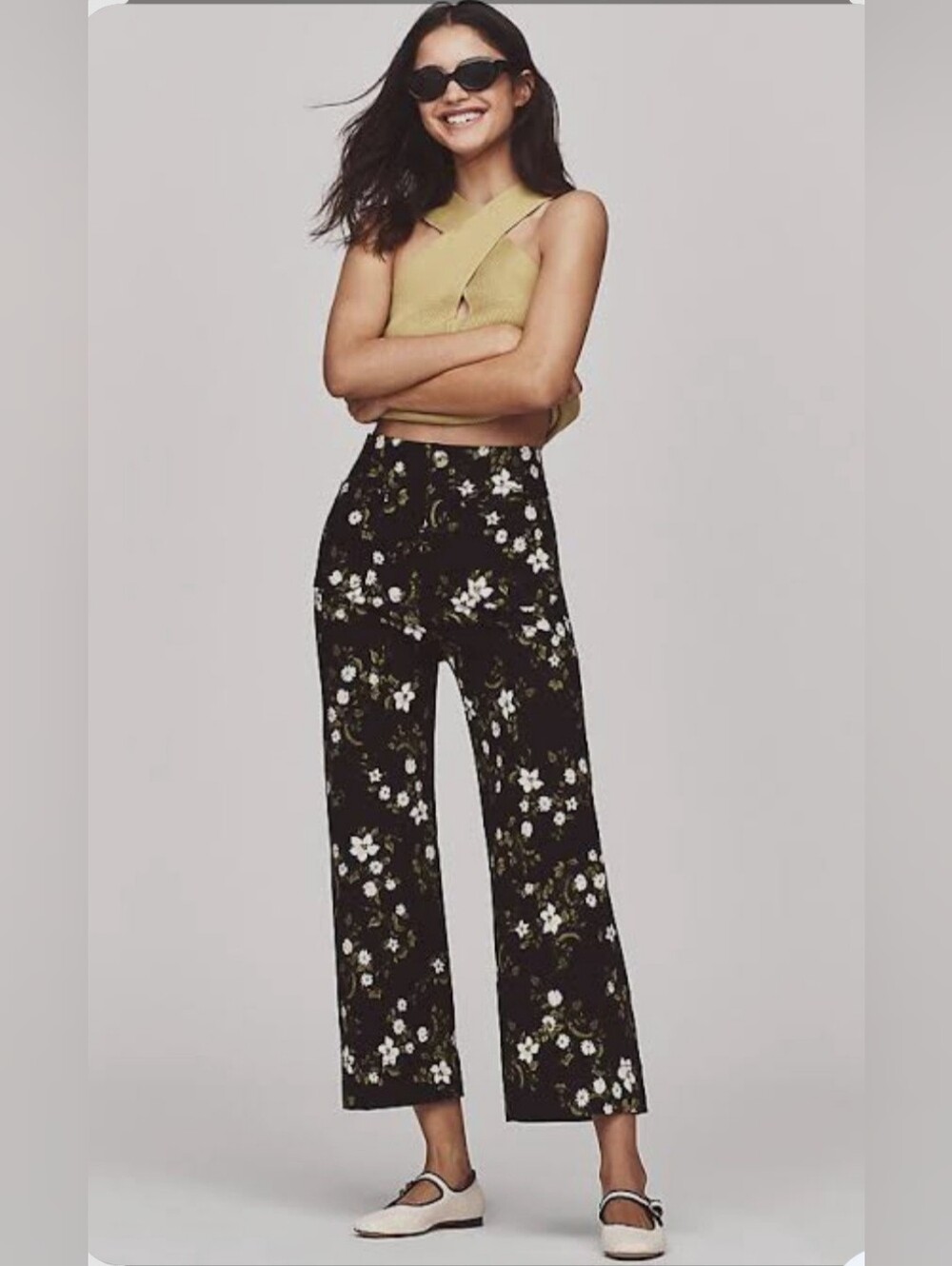 Anthropologie Mauve The Collette Black Floral High Rise Cropped Pants Sz 34